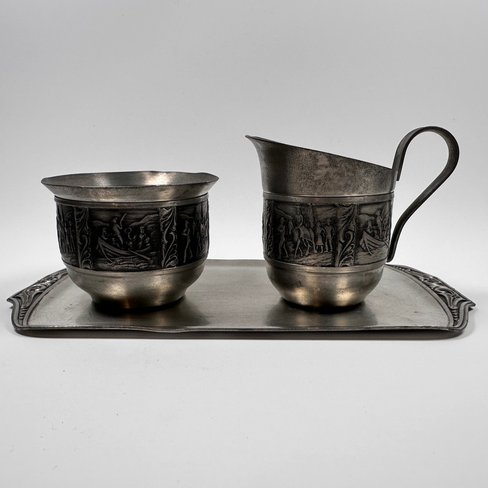 Tinn‎ Pewter Creamer Sugar Set w/ Tray Embossed Viking Scenes Royalty Norway VTG